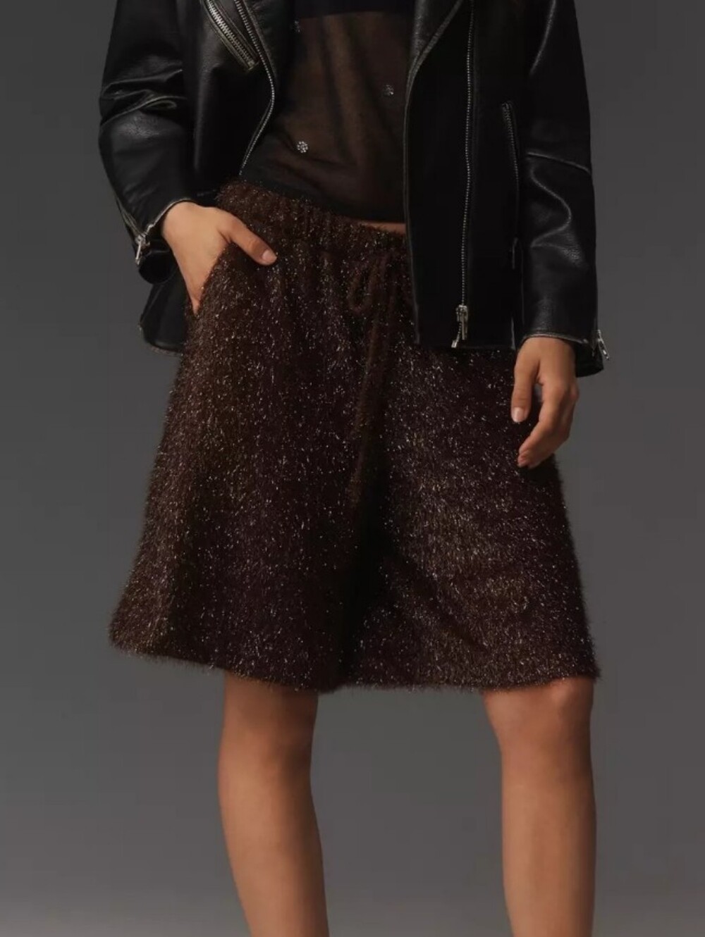 NWT Maeve Tinsel High-Rise Long Shorts, Shiny Brown Fuzzy Shorts, M